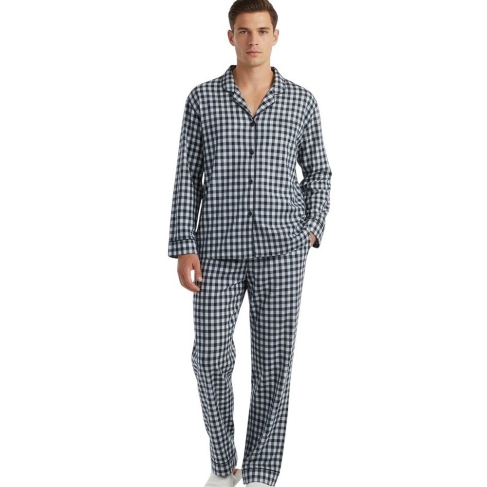 Hanes Pajama Set Mens 2XL Blue Black Check Button Front Sleepwear Lounge‎ Casual